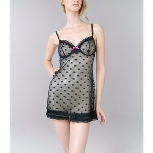 Sexy Black Sheer Mesh Slip Dress Ruffle Trim‎ Pink Bow Size 6